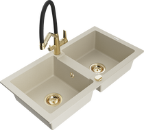 Mexen Mario Granitspüle 2-Kammer mit Küchenarmatur Duo, beige - 6504-69-671701-57-G