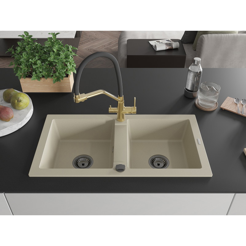 Mexen Mario Granitspüle 2-Becken mit Küchenarmatur Duo, beige - 6504-69-671701-57-B