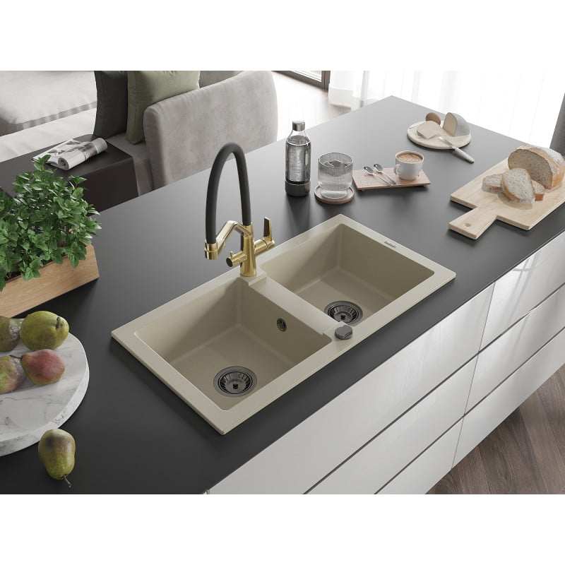 Mexen Mario Granitspüle 2-Becken mit Küchenarmatur Duo, beige - 6504-69-671701-57-B
