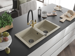 Mexen Mario Granitspüle 2-Becken mit Küchenarmatur Duo, beige - 6504-69-671701-57-B