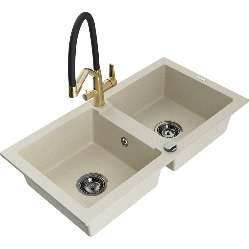Mexen Mario Granitspüle 2-Becken mit Küchenarmatur Duo, beige - 6504-69-671701-57-B