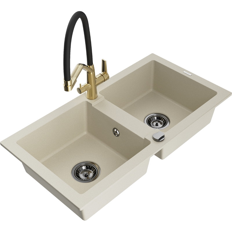 Mexen Mario granitspüle 2-Kammer mit Küchenarmatur Duo, beige - 6504-69-671701-57-B