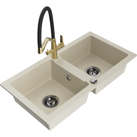 Mexen Mario Granitspüle 2-Becken mit Küchenarmatur Duo, beige - 6504-69-671701-57-B