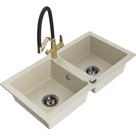 Mexen Mario granitspüle 2-Kammer mit Küchenarmatur Duo, beige - 6504-69-671701-57-B