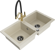 Mexen Mario Granitspüle 2-Becken mit Küchenarmatur Duo, beige - 6504-69-671701-57-B