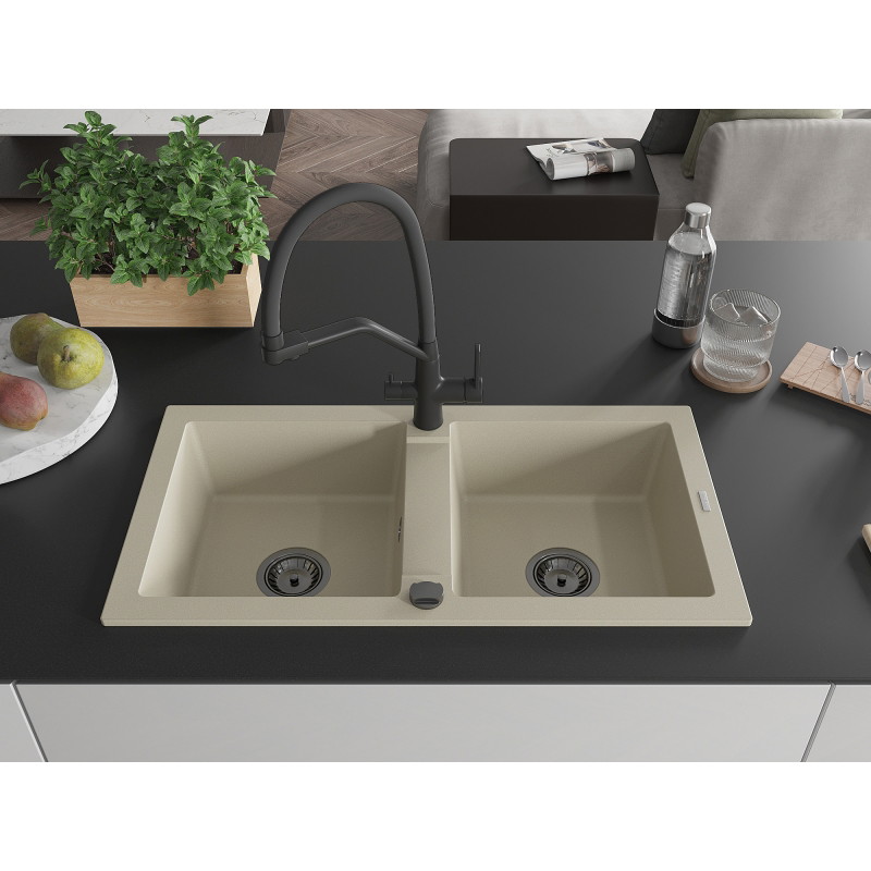 Mexen Mario granitspüle 2-fach mit Küchenarmatur Duo, beige - 6504-69-671701-70-B