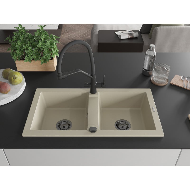 Mexen Mario Granitspüle, 2-Kammern mit Küchenarmatur Duo, beige - 6504-69-671701-70-B
