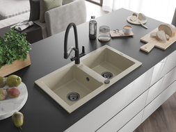 Mexen Mario Granitspüle, 2-Kammern mit Küchenarmatur Duo, beige - 6504-69-671701-70-B