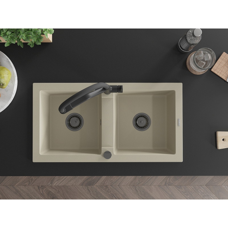 Mexen Mario granitspüle 2-fach mit Küchenarmatur Duo, beige - 6504-69-671701-70-B