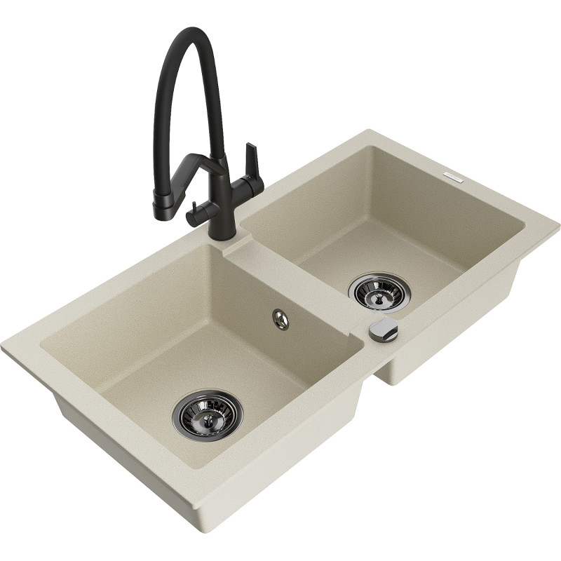 Mexen Mario 2-Komponenten Granitspüle mit Küchenarmatur Duo, Beige - 6504-69-671701-70-B