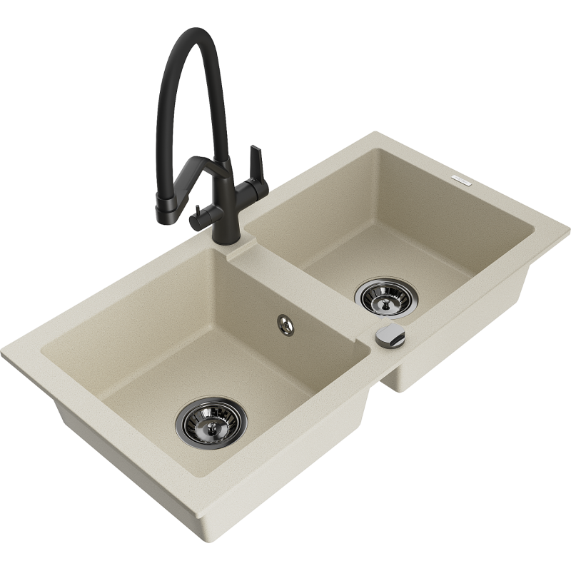 Mexen Mario Granitspüle, 2-Kammern mit Küchenarmatur Duo, beige - 6504-69-671701-70-B