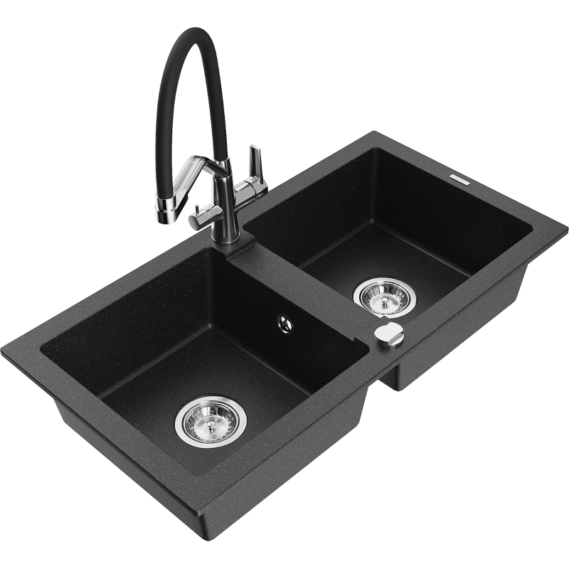 Mexen Mario Granitspüle 2-Kammer mit Küchenarmatur Duo, schwarz/silber metallic - 6504-73-671701-07
