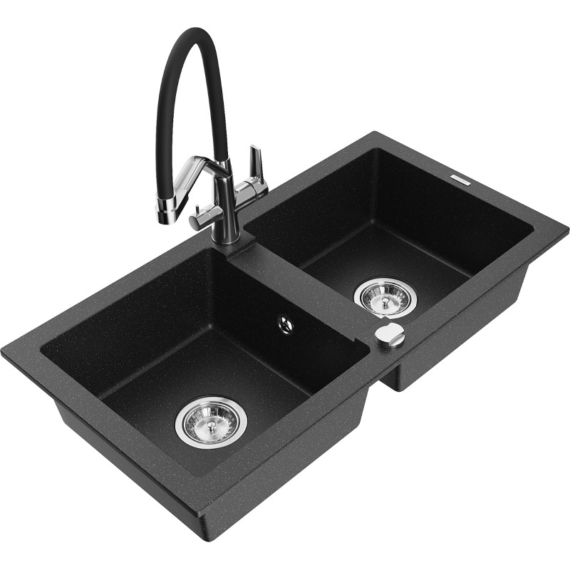 Mexen Mario Granitspüle mit 2 Kammern und Küchenarmatur Duo, schwarz/silber metallisch - 6504-73-671701-07