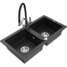 Mexen Mario Granitspüle 2-Kammer mit Küchenarmatur Duo, schwarz/silber metallic - 6504-73-671701-07