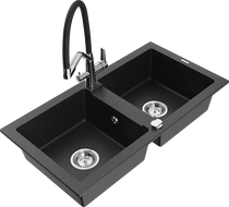 Mexen Mario Granitspüle 2-Kammer mit Küchenarmatur Duo, schwarz/silber metallic - 6504-73-671701-07