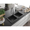 Mexen Mario Granitspüle 2-Kammer mit Küchenarmatur Duo, Schwarz/Silber Metallic - 6504-73-671701-07-B
