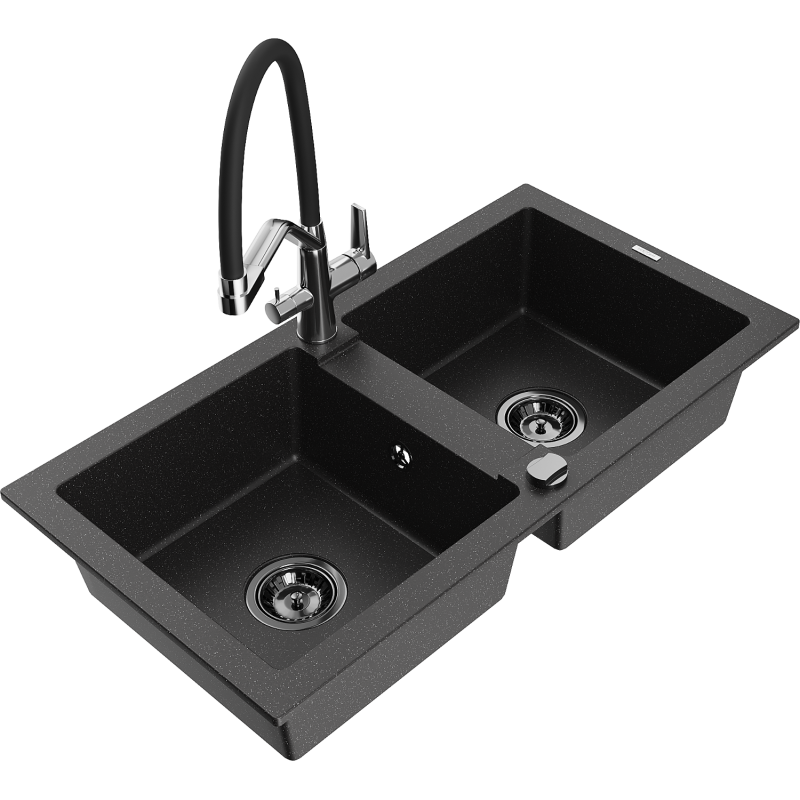 Mexen Mario 2-teiliger Granitspülbecken mit Küchenarmatur Duo, Schwarz/Silber Metallic - 6504-73-671701-07-B