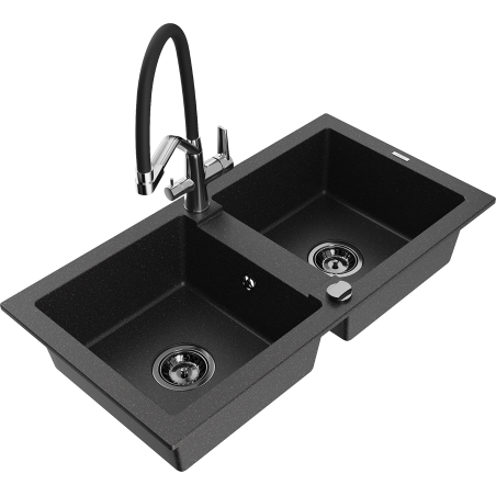 Mexen Mario 2-teiliger Granitspülbecken mit Küchenarmatur Duo, Schwarz/Silber Metallic - 6504-73-671701-07-B