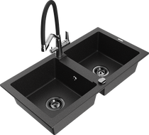 Mexen Mario 2-teiliger Granitspülbecken mit Küchenarmatur Duo, Schwarz/Silber Metallic - 6504-73-671701-07-B