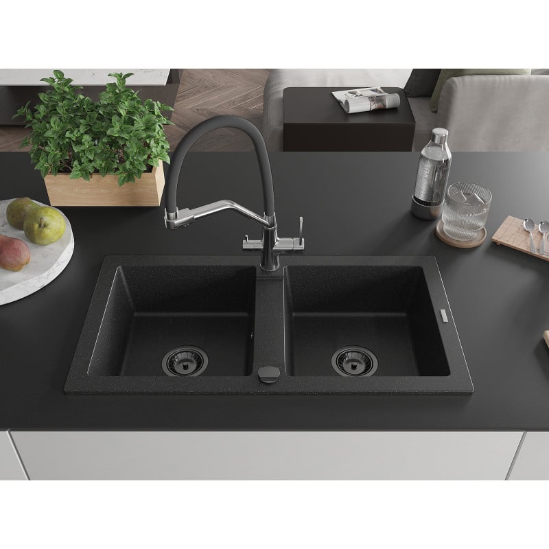 Mexen Mario 2-teiliger Granitspülbecken mit Küchenarmatur Duo, Schwarz/Silber Metallic - 6504-73-671701-07-B