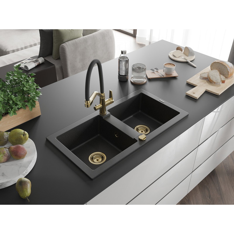 Mexen Mario Granitspüle, 2-beckig mit Küchenarmatur Duo, schwarz/silber metallic - 6504-73-671701-57-G