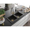 Mexen Mario Granitspüle, 2-beckig mit Küchenarmatur Duo, schwarz/silber metallic - 6504-73-671701-57-G