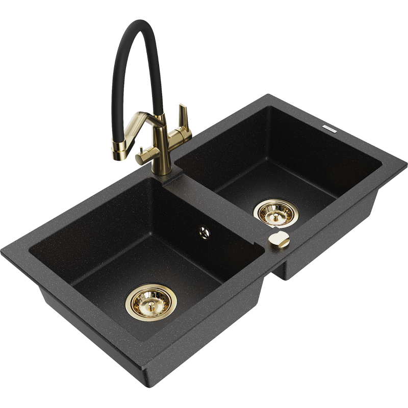 Mexen Mario Granitspüle, 2-beckig mit Küchenarmatur Duo, schwarz/silber metallic - 6504-73-671701-57-G