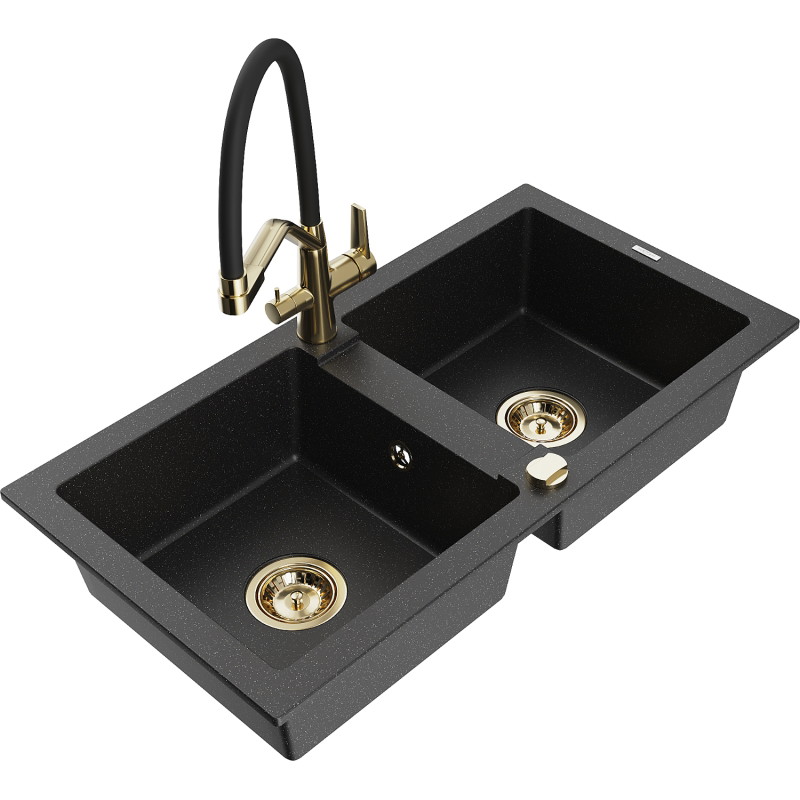 Mexen Mario Granitspüle, 2-Kammern, mit Küchenarmatur Duo, schwarz/silber metallic - 6504-73-671701-57-G