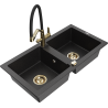 Mexen Mario Granitspüle, 2-beckig mit Küchenarmatur Duo, schwarz/silber metallic - 6504-73-671701-57-G