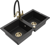 Mexen Mario Granitspüle, 2-beckig mit Küchenarmatur Duo, schwarz/silber metallic - 6504-73-671701-57-G