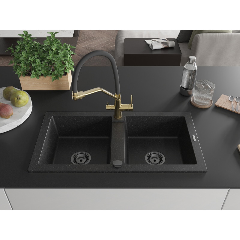 Mexen Mario 2-Kammer-Granitschüttstein mit Küchenarmatur Duo, schwarz/silber-metallic - 6504-73-671701-57-B