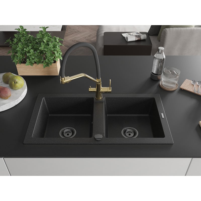 Mexen Mario Granitspüle 2-becken mit Küchenarmatur Duo, schwarz/silber metallic - 6504-73-671701-57-B
