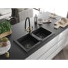 Mexen Mario Granitspüle 2-becken mit Küchenarmatur Duo, schwarz/silber metallic - 6504-73-671701-57-B