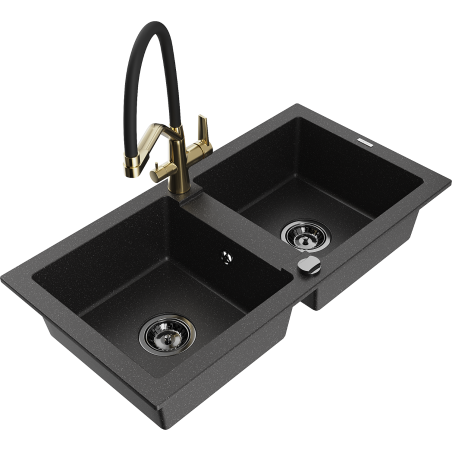 Mexen Mario Granitspüle 2-becken mit Küchenarmatur Duo, schwarz/silber metallic - 6504-73-671701-57-B