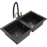 Mexen Mario Granitspüle 2-becken mit Küchenarmatur Duo, schwarz/silber metallic - 6504-73-671701-57-B