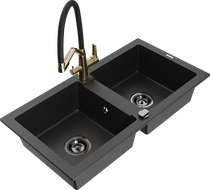 Mexen Mario Granitspüle 2-becken mit Küchenarmatur Duo, schwarz/silber metallic - 6504-73-671701-57-B