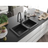 Mexen Mario granitspüle 2-kammer mit küchenarmatur Duo, schwarz/silber metallic - 6504-73-671701-70-B