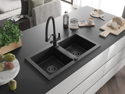 Mexen Mario Granitspüle 2-Becken mit Küchenarmatur Duo, schwarz/silber metallic - 6504-73-671701-70-B