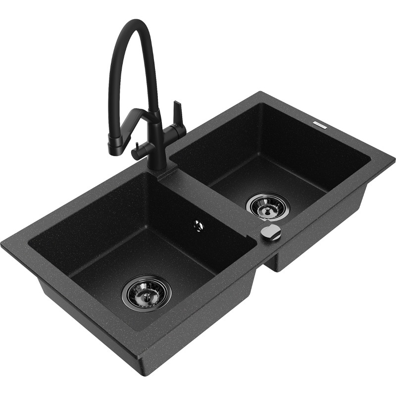 Mexen Mario granitspüle 2-kammer mit küchenarmatur Duo, schwarz/silber metallic - 6504-73-671701-70-B