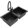 Mexen Mario Granitspüle 2-Becken mit Küchenarmatur Duo, schwarz/silber metallic - 6504-73-671701-70-B