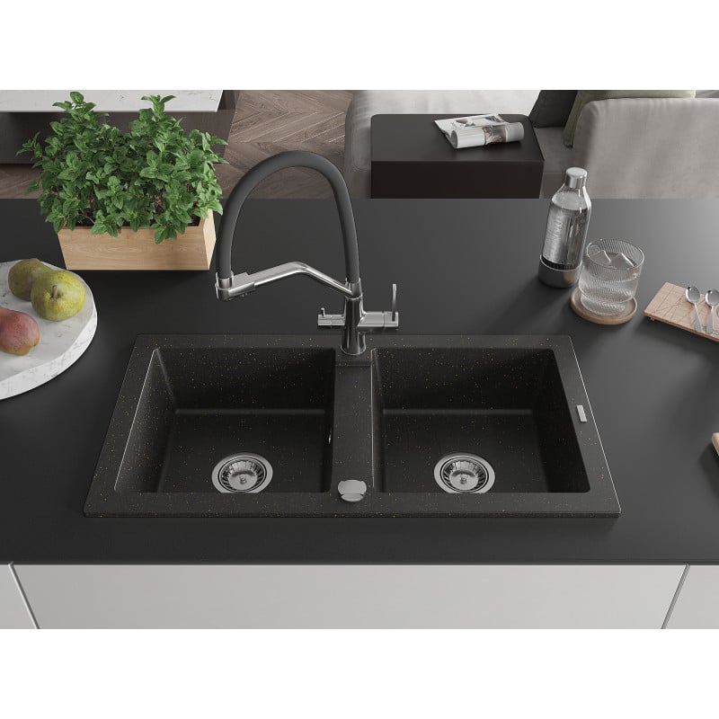 Mexen Mario Granitspüle 2-Kammer mit Küchenarmatur Duo, schwarz/goldener Metallic - 6504-75-671701-07