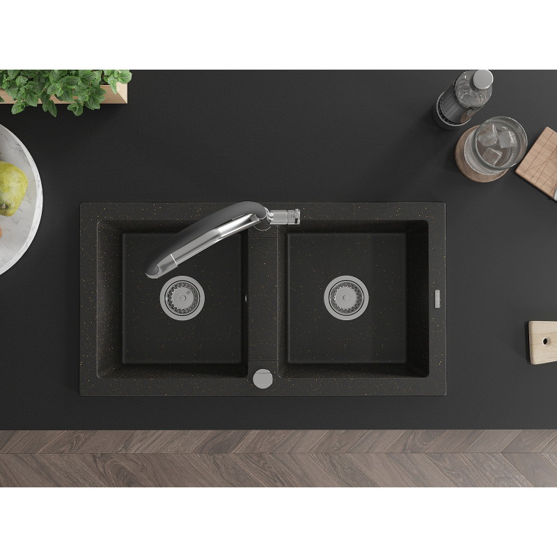 Mexen Mario granitspüle 2-kammer mit küchenarmatur Duo, schwarz/gold metallic - 6504-75-671701-07