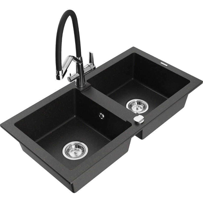 Mexen Mario granitspüle 2-kammer mit küchenarmatur Duo, schwarz/gold metallic - 6504-75-671701-07