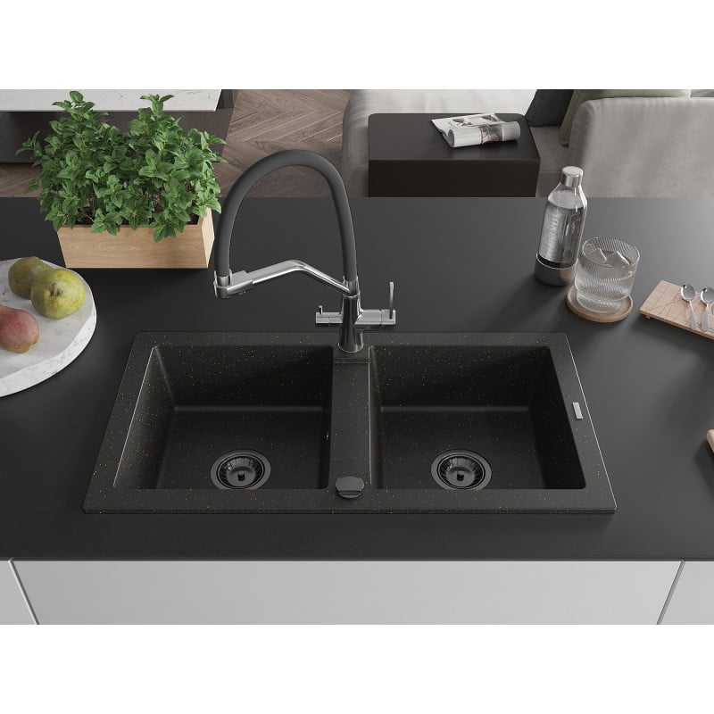 Mexen Mario Granitspüle 2-Becken mit Küchenarmatur Duo, schwarz/gold metallic - 6504-75-671701-07-B