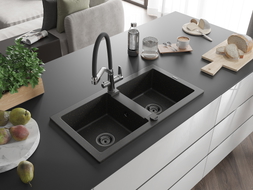 Mexen Mario Granitspüle 2-Becken mit Küchenarmatur Duo, schwarz/gold metallic - 6504-75-671701-07-B