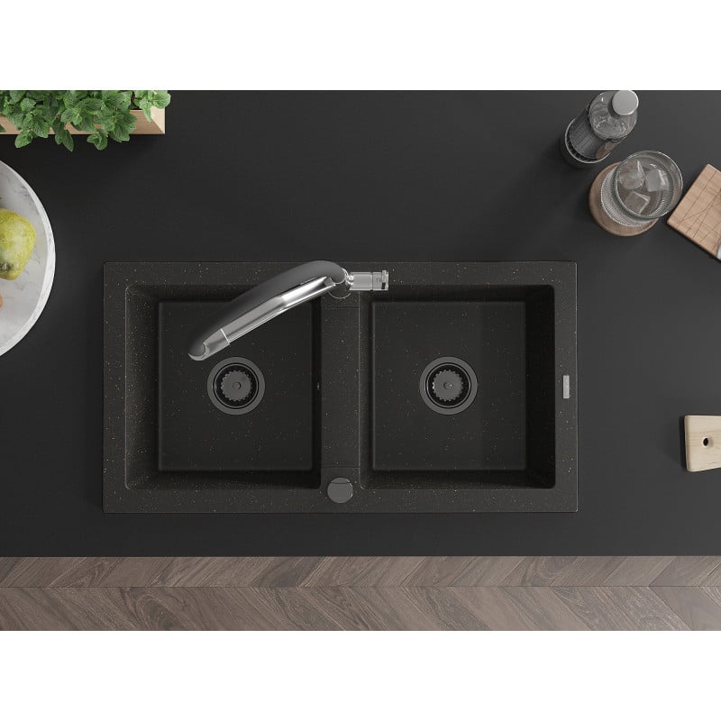 Mexen Mario Granitspüle 2-Becken mit Küchenarmatur Duo, schwarz/gold metallic - 6504-75-671701-07-B
