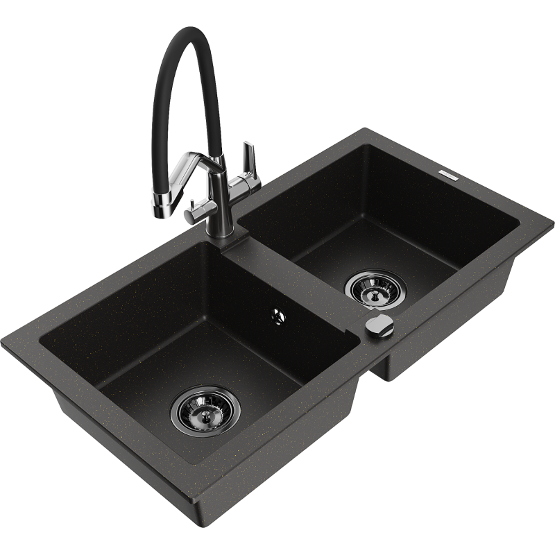 Mexen Mario Granitspüle 2-Becken mit Küchenarmatur Duo, schwarz/gold metallic - 6504-75-671701-07-B