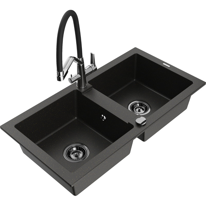 Mexen Mario granitspüle 2-kammer-mit Küchenarmatur Duo, schwarz/gold metallic - 6504-75-671701-07-B