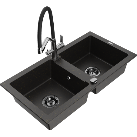 Mexen Mario Granitspüle 2-Becken mit Küchenarmatur Duo, schwarz/gold metallic - 6504-75-671701-07-B