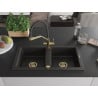 Mexen Mario Granitspüle 2-becken mit Küchenarmatur Duo, schwarz/gold metallic - 6504-75-671701-57-G